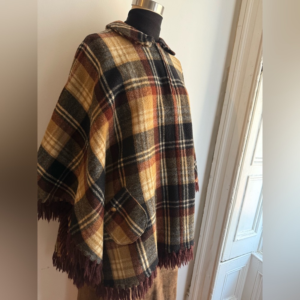 Vintage Plaid Wool Cape Heritage Fringe Brown Burgundy Poncho Jacket